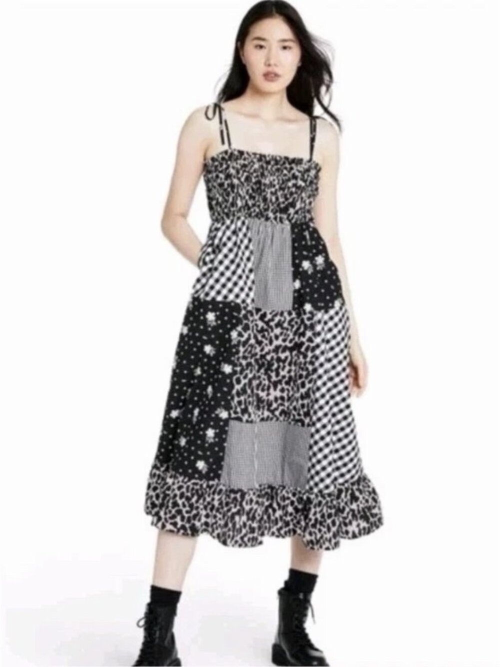 Tiered Black and White Patchwork Dress Womens Sz M Sandy Liang Boho Cottagecore